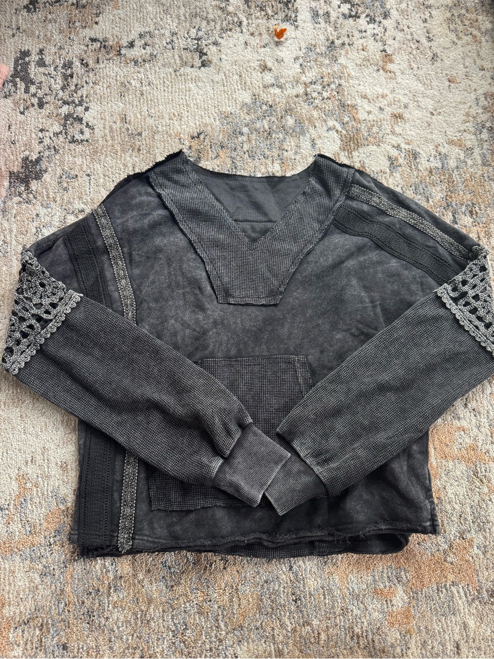 SHEIN Black Washed Long Sleeve Pullover with Crochet Trim